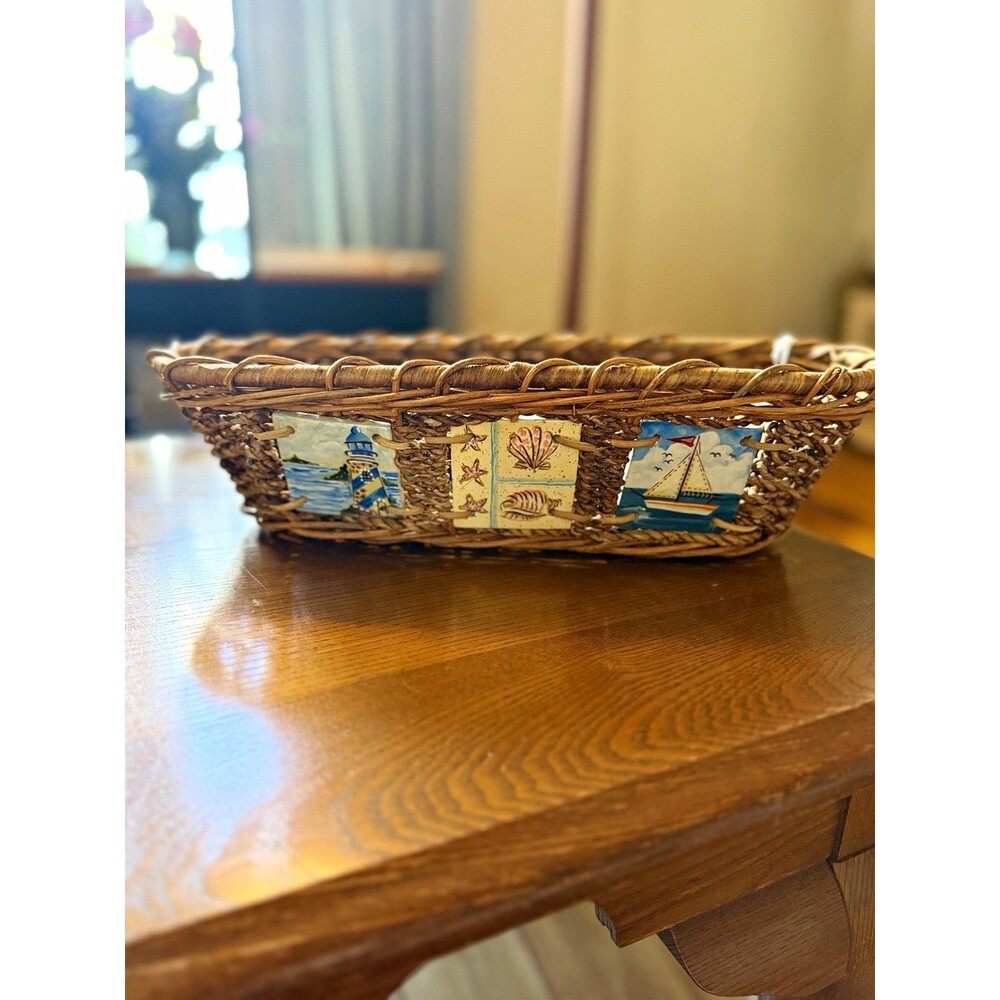 Wicker Oval Decorative Basket Nautical Tile Accents Brown Multicolor 16"